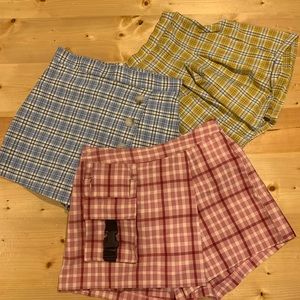 plaid mini skirt skort blue yellow pink black white pleated bundle